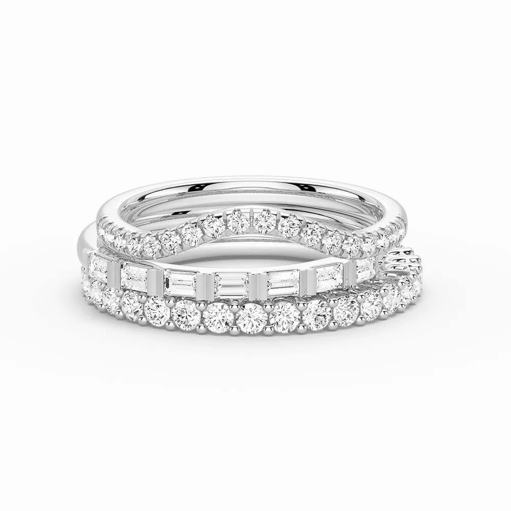 Baguette and Round Cut Moissanite Wedding Bands with French Pave Band Stacking Rings Dazzling Piece Minimal Style