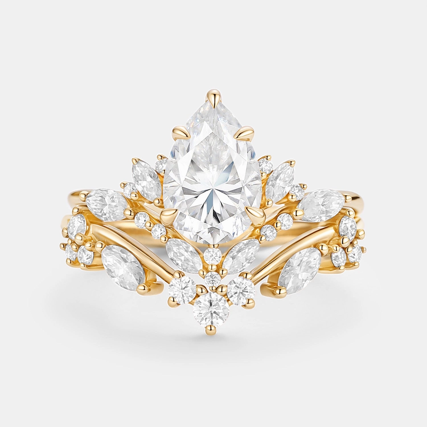 Distinctive Craft Pear Cut Moissanite Cluster Engagement Ring Set 2pcs - Nectar