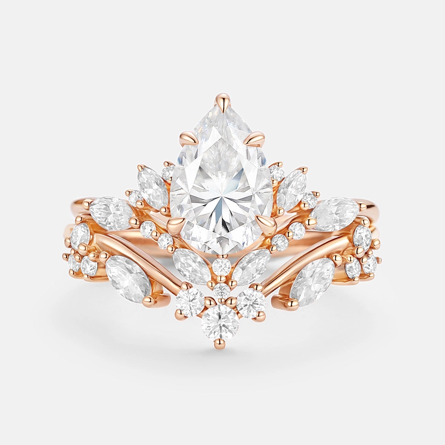 Pear Cut Moissanite Cluster Engagement Ring Set 2pcs - Nectar Weekend Style