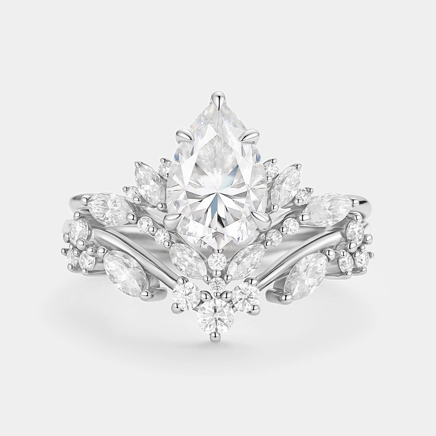 Pear Cut Moissanite Cluster Engagement Ring Set 2pcs - Nectar Evening Shine Gleaming Gem