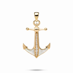 Sealife Anchor Mother of Pearl Pendant in Gold with Diamonds - 28mm Special Touch