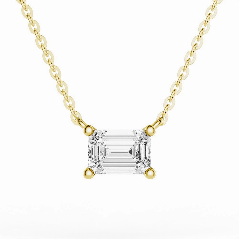 Charming Sparkle Radiant Finish East West Emerald Cut Moissanite Solitaire Necklace