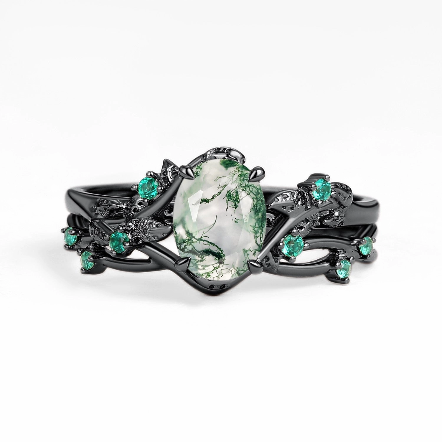 Delicate Product Trendy Object Nature Inspired - Oval Cut Moss Agate Leafy Black Gold Ring Set 2pcs - Mossy