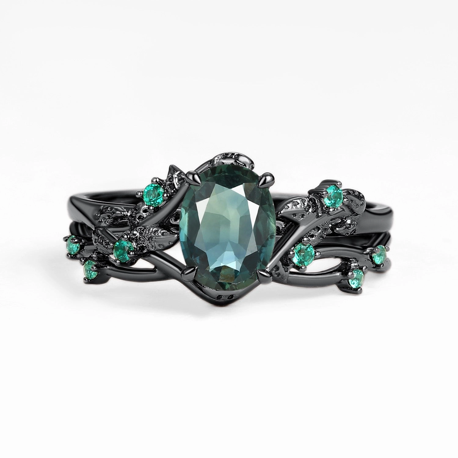 Nature Inspired - Oval Cut Moss Agate Leafy Black Gold Ring Set 2pcs - Mossy Romantic Feel