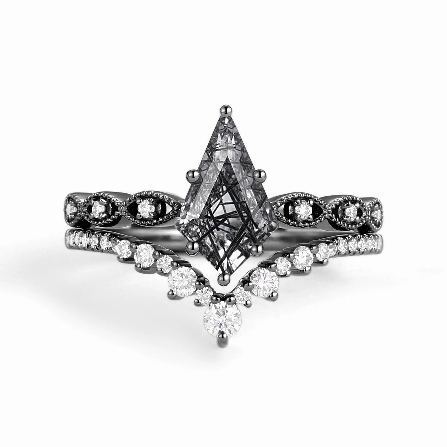 Signature Vintage - 2.0ct Vintage Kite Cut Engagement Ring Set 2pcs - Winona Creative Jewelry