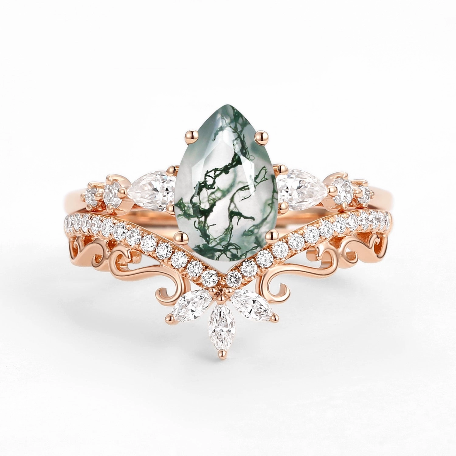 Understated Shine Signature Vintage Pear Moss Agate Staccato Ring Set 2pcs