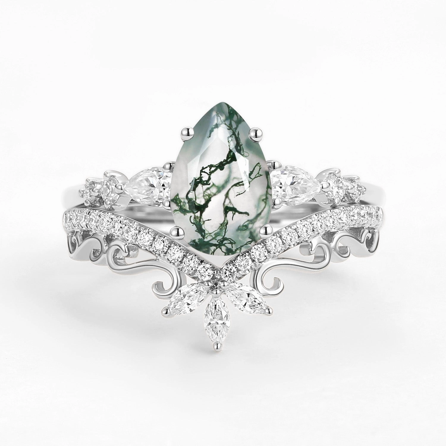 Refined Sparkle Polished Line Signature Vintage Pear Moss Agate Staccato Ring Set 2pcs