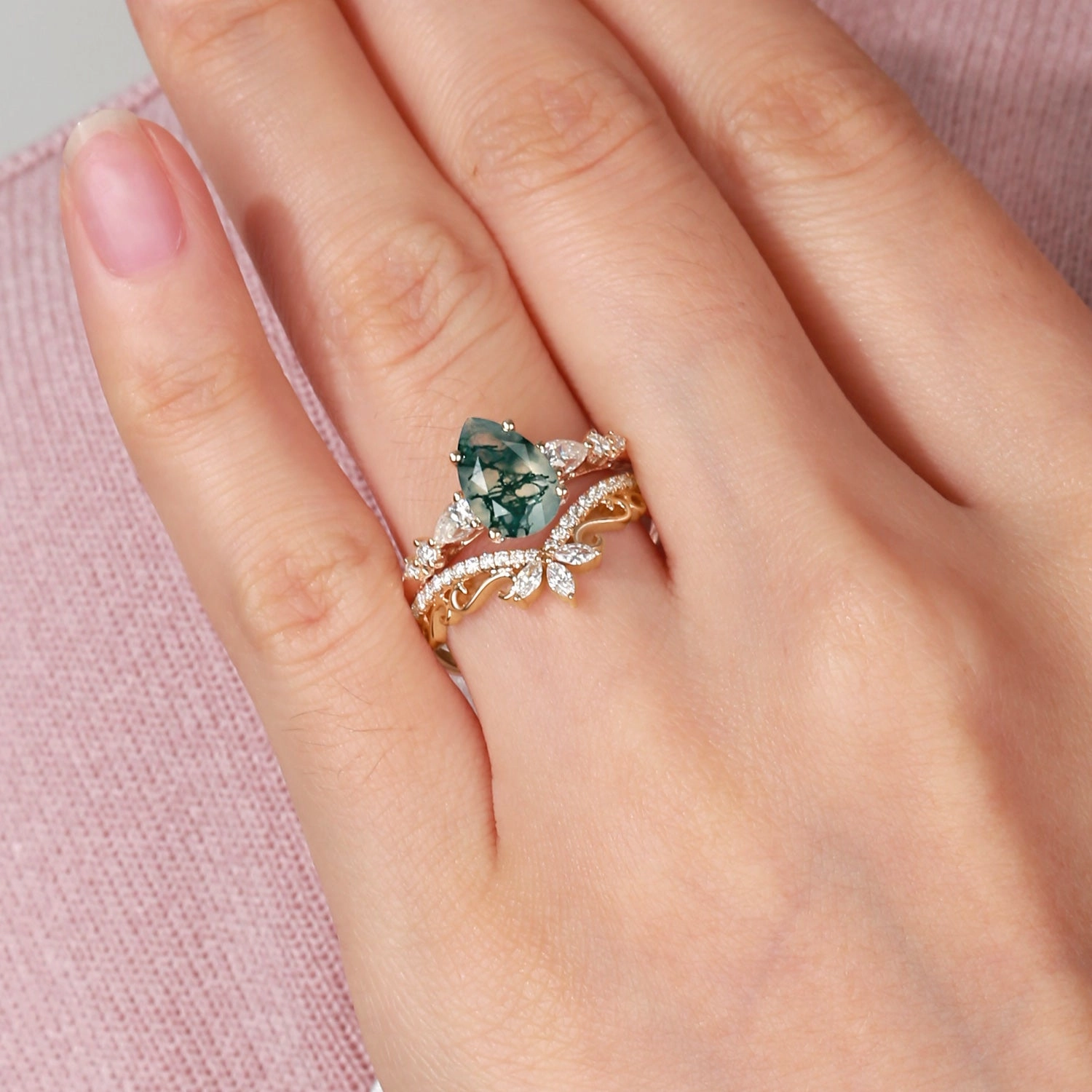 Weekend Style Birthday gift Signature Vintage Pear Moss Agate Staccato Ring Set 2pcs