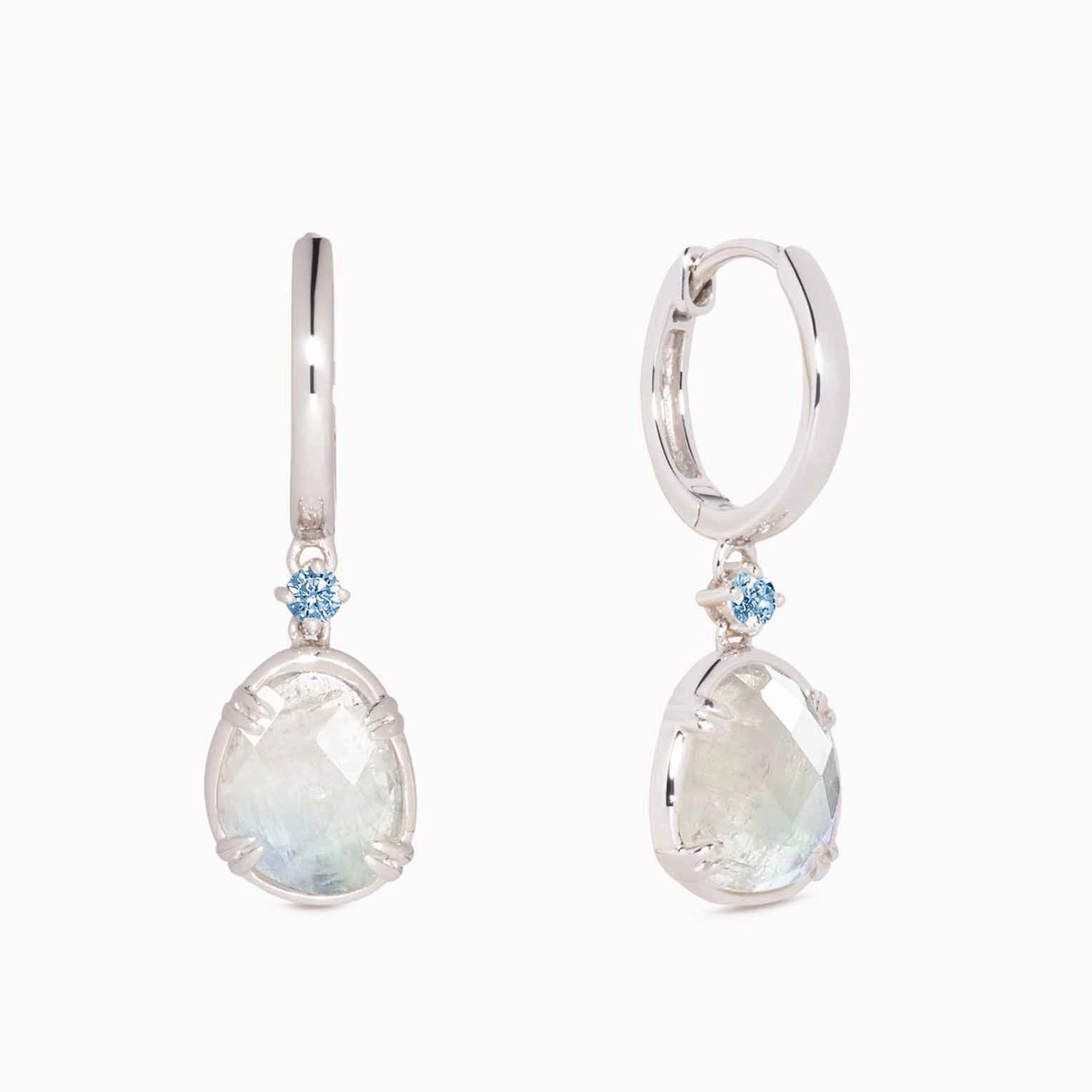 Silver Rainbow Moonstone Earrings - Victoria (Blue Gem) Sleek Piece