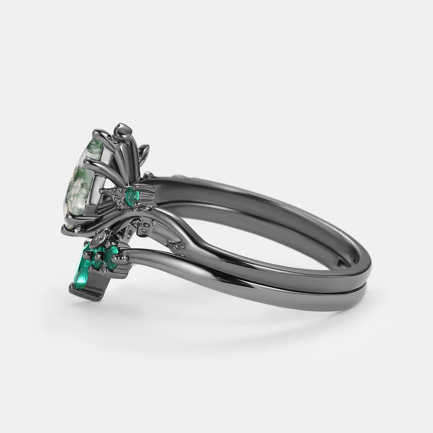 Minimalist Mark Black Gold Kite Cut Moss Agate & Lab Emerald Leafy Bridal Ring Sets 2pcs - Willow