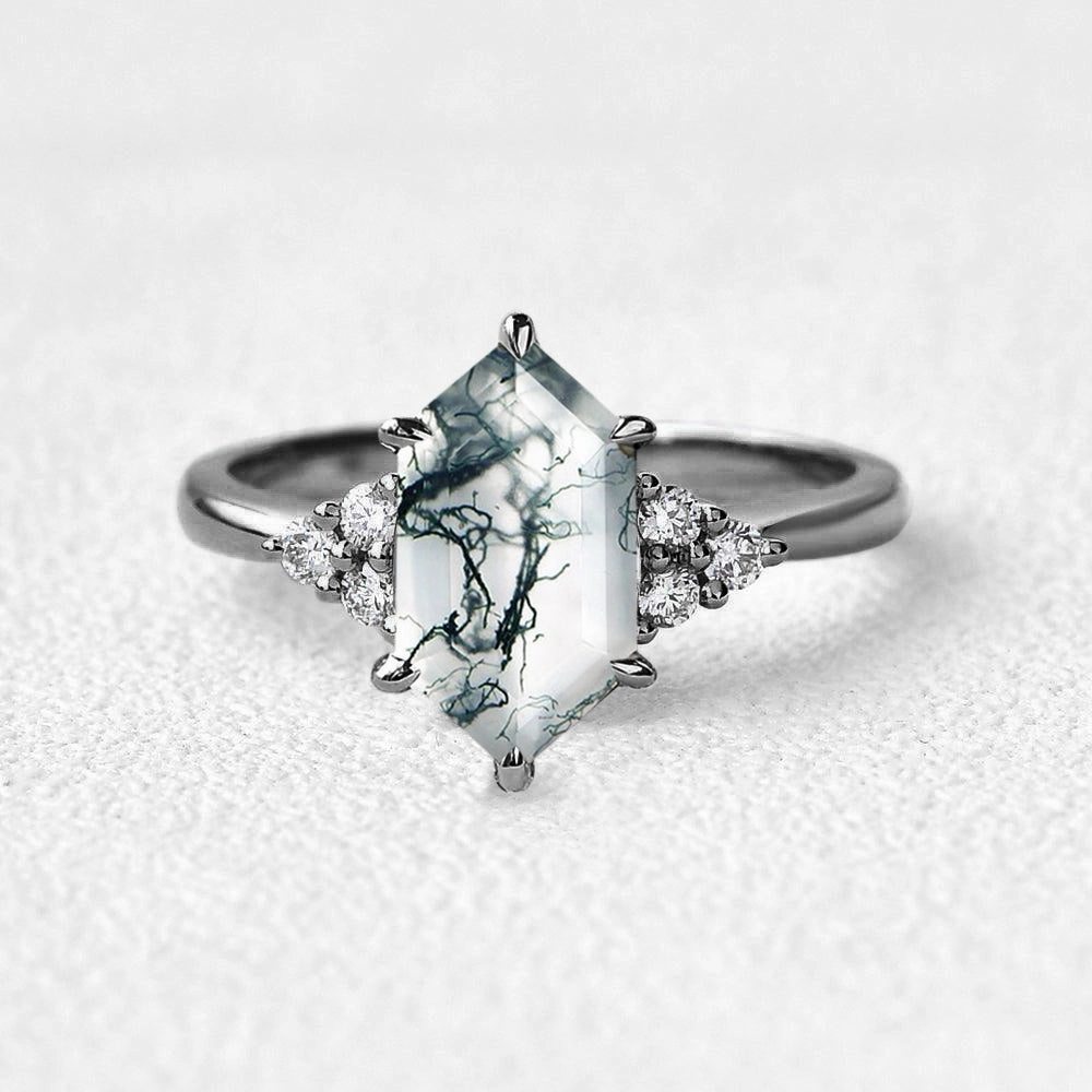 Brilliant Accessory Black Gold Hexagon Moss Agate 3 Stone Engagement Ring - Nova