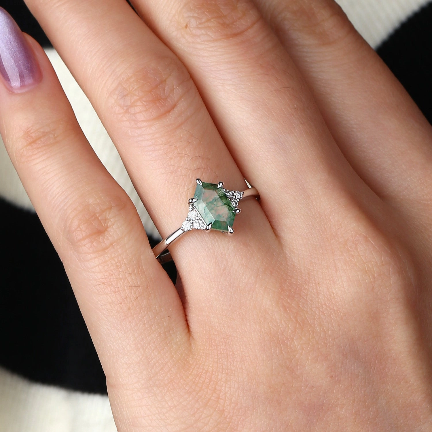 Black Gold Hexagon Moss Agate 3 Stone Engagement Ring - Nova Delicate Object Casual Contour