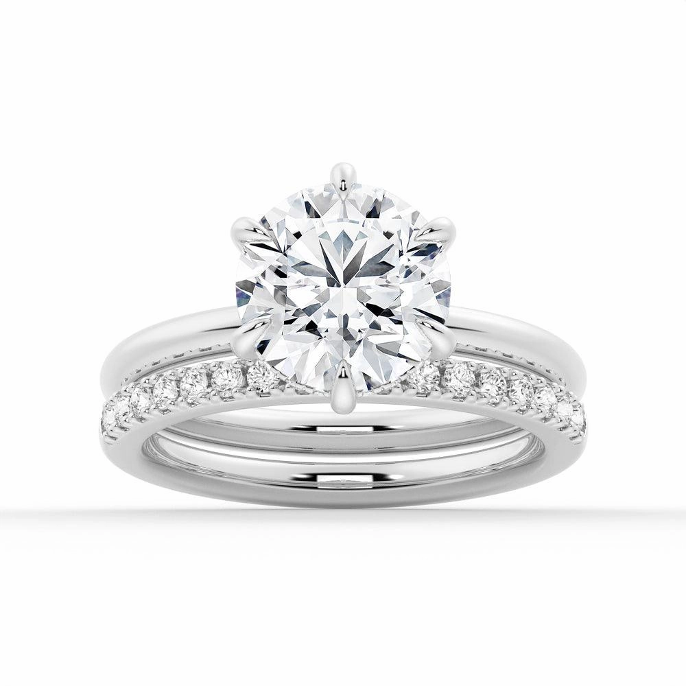 Six Prong Solitaire Hidden Halo Moissanite Ring Set with Matching Wedding Band Workwear Style