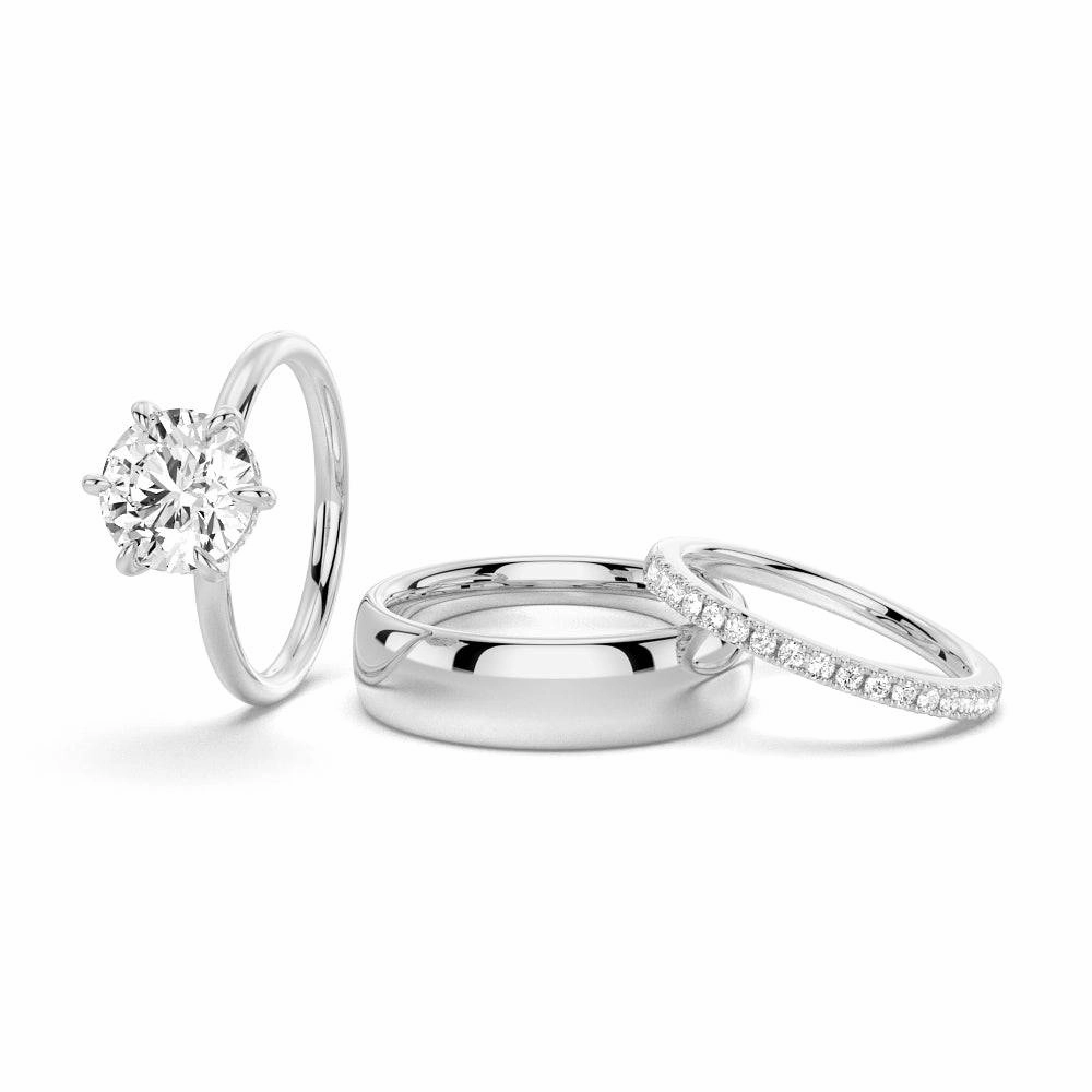 Daily Layer Six Prong Solitaire Moissanite Couple's Ring Set with Men's Wedding Band