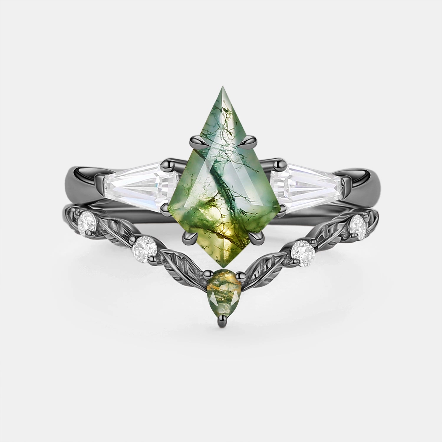 Moss Agate Kite Cut Three Stone Engagement Ring Set 2pcs - Bryce Bold Pop