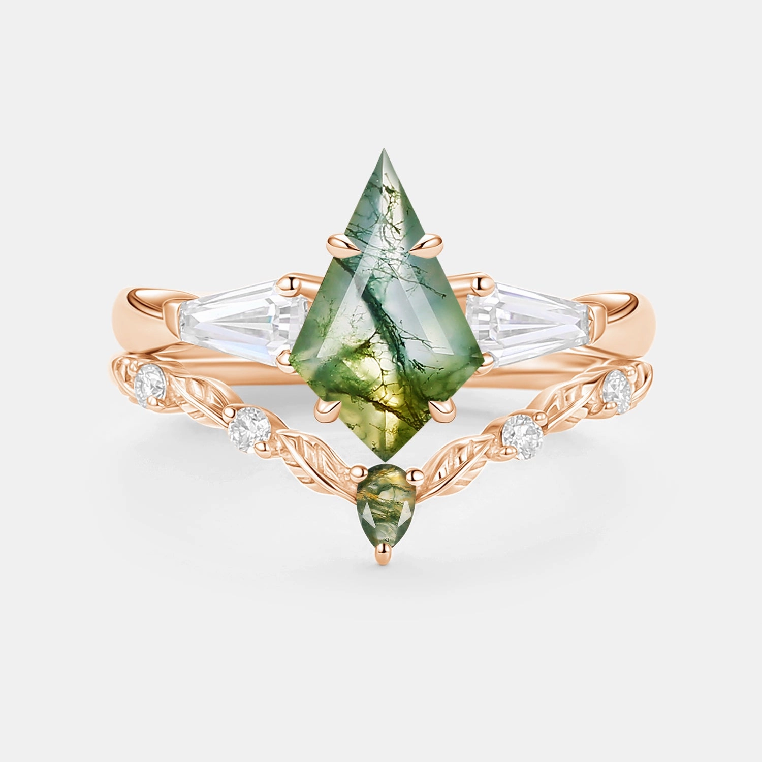 Chic Gifts Vivid Touch Moss Agate Kite Cut Three Stone Engagement Ring Set 2pcs - Bryce