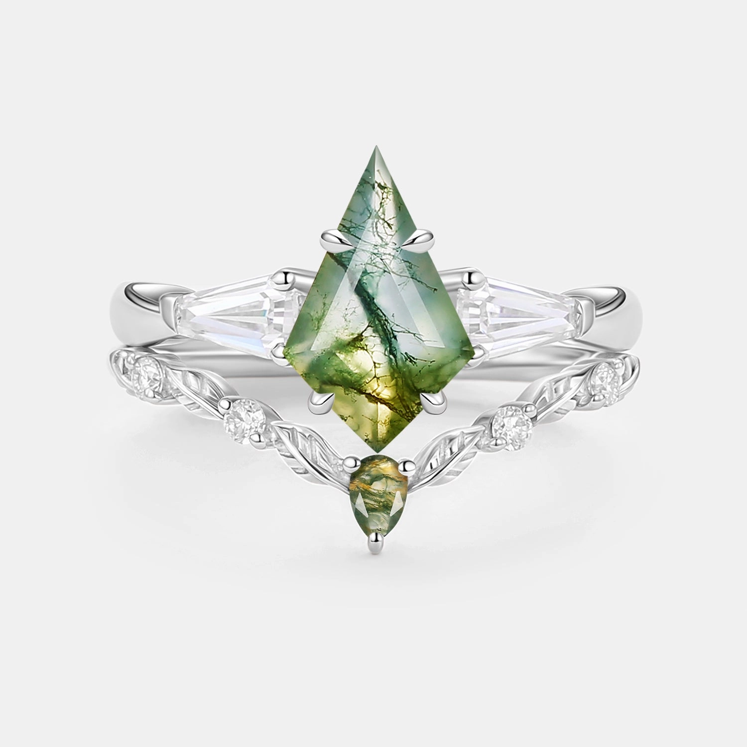 Moss Agate Kite Cut Three Stone Engagement Ring Set 2pcs - Bryce Evening Glamour