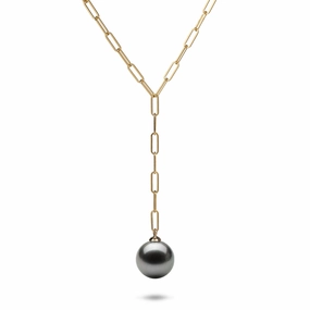 18" Tahitian Black Pearl Y Necklace in Gold - 12-14mm Urban Favorite Smooth Spark