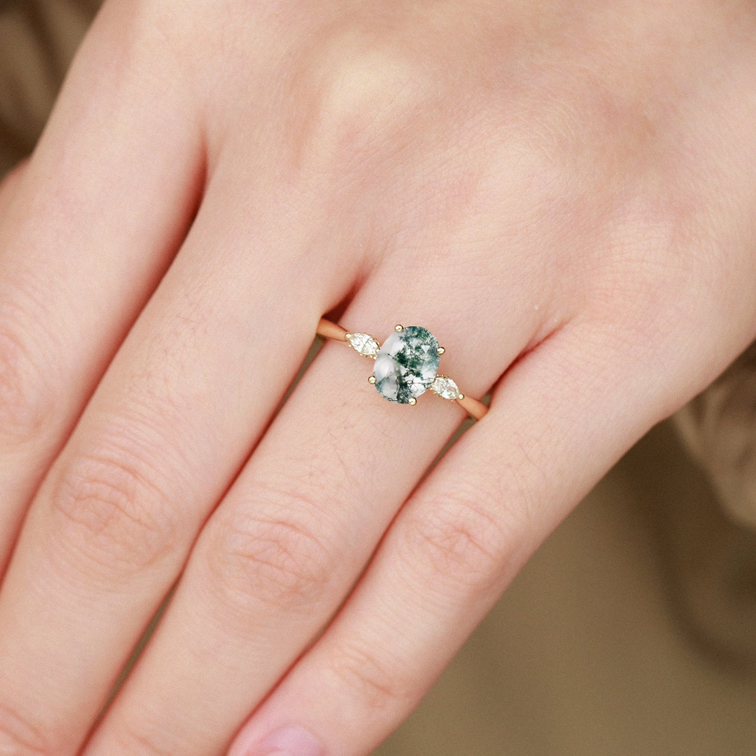 Dynamic Accent Shiny Jewels Oval Moss Agate Hidden Halo Three Stone Engagement Ring