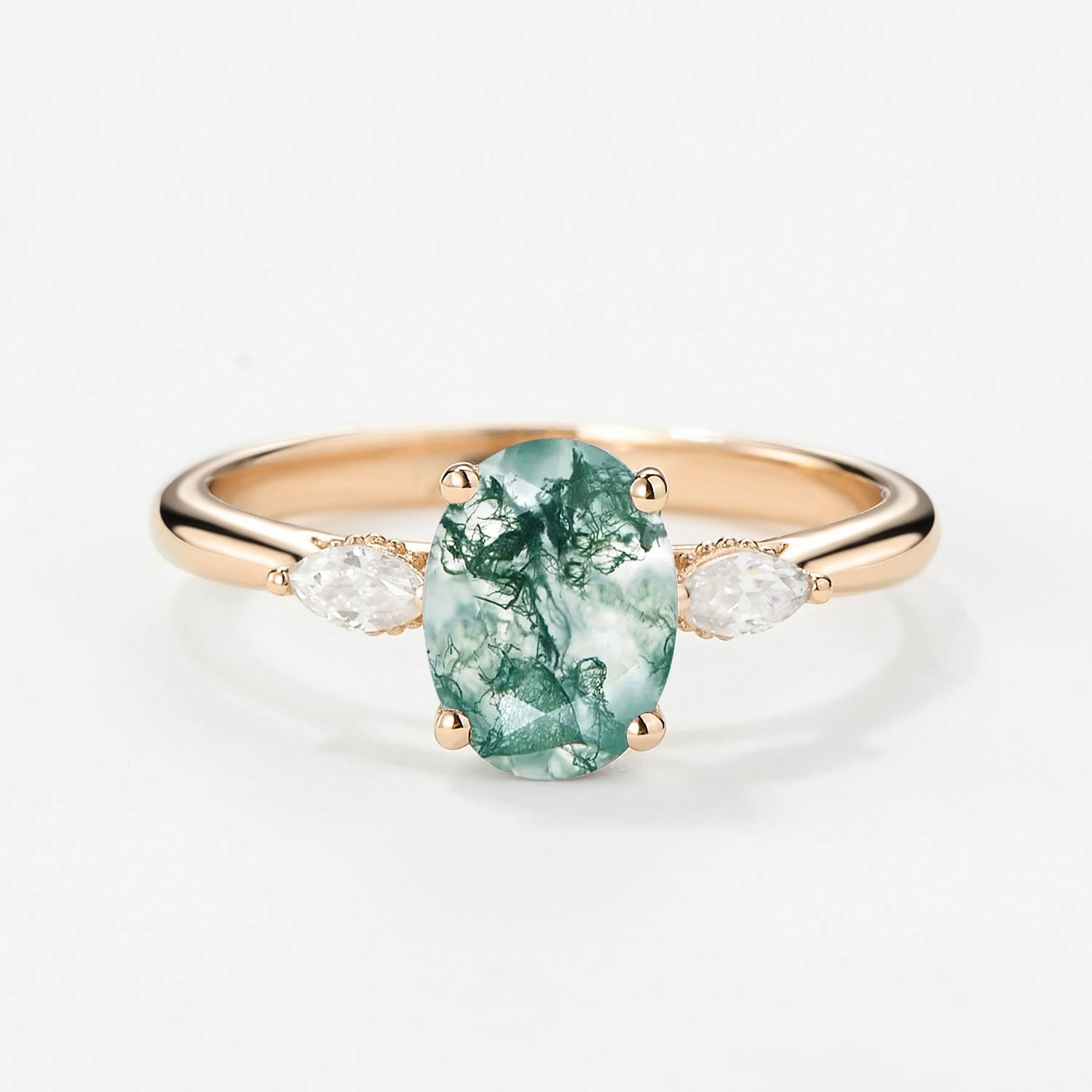 Oval Moss Agate Hidden Halo Three Stone Engagement Ring Evening Detail