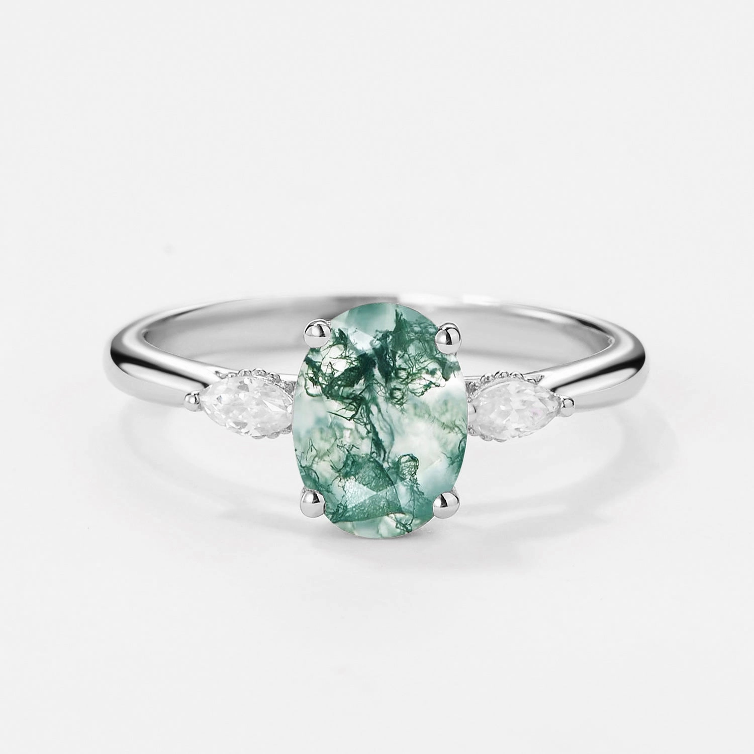 Oval Moss Agate Hidden Halo Three Stone Engagement Ring Signature Style