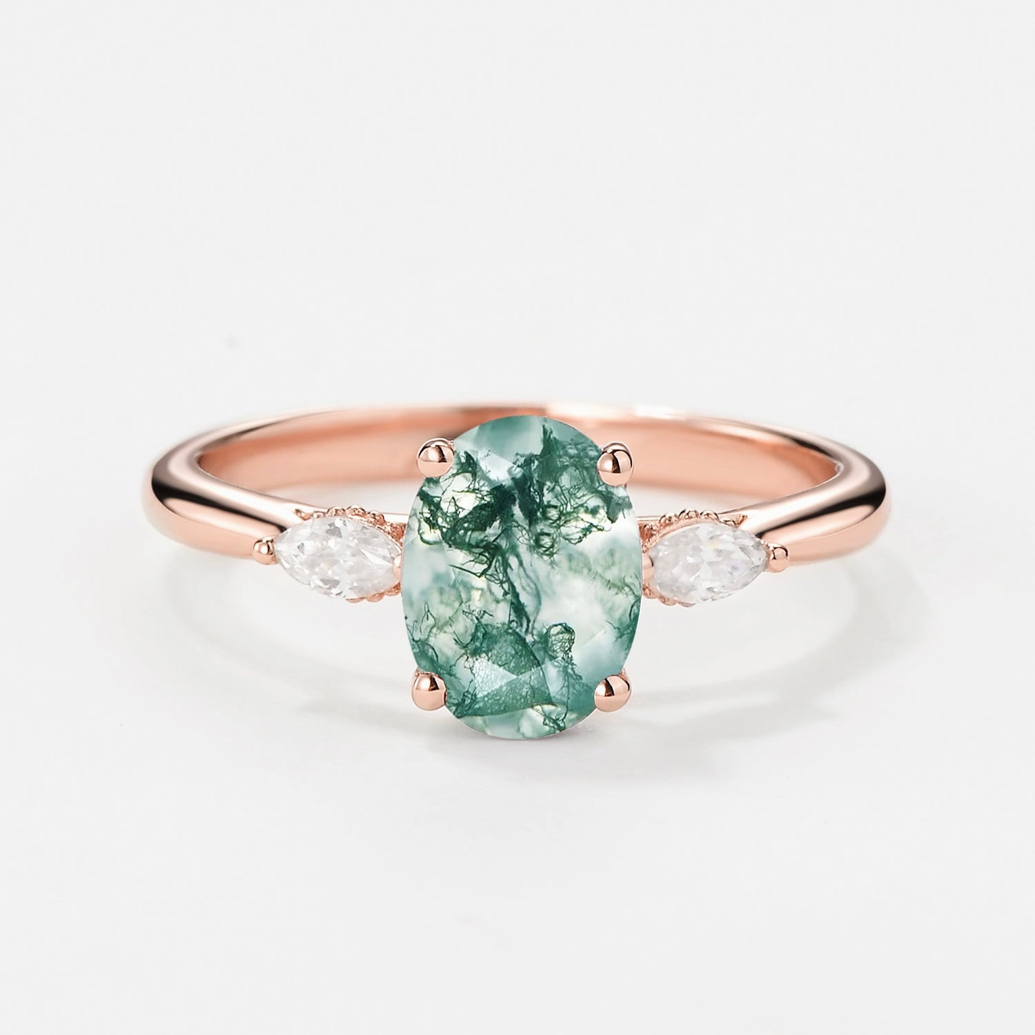 Oval Moss Agate Hidden Halo Three Stone Engagement Ring Evening Collection Refined Finish