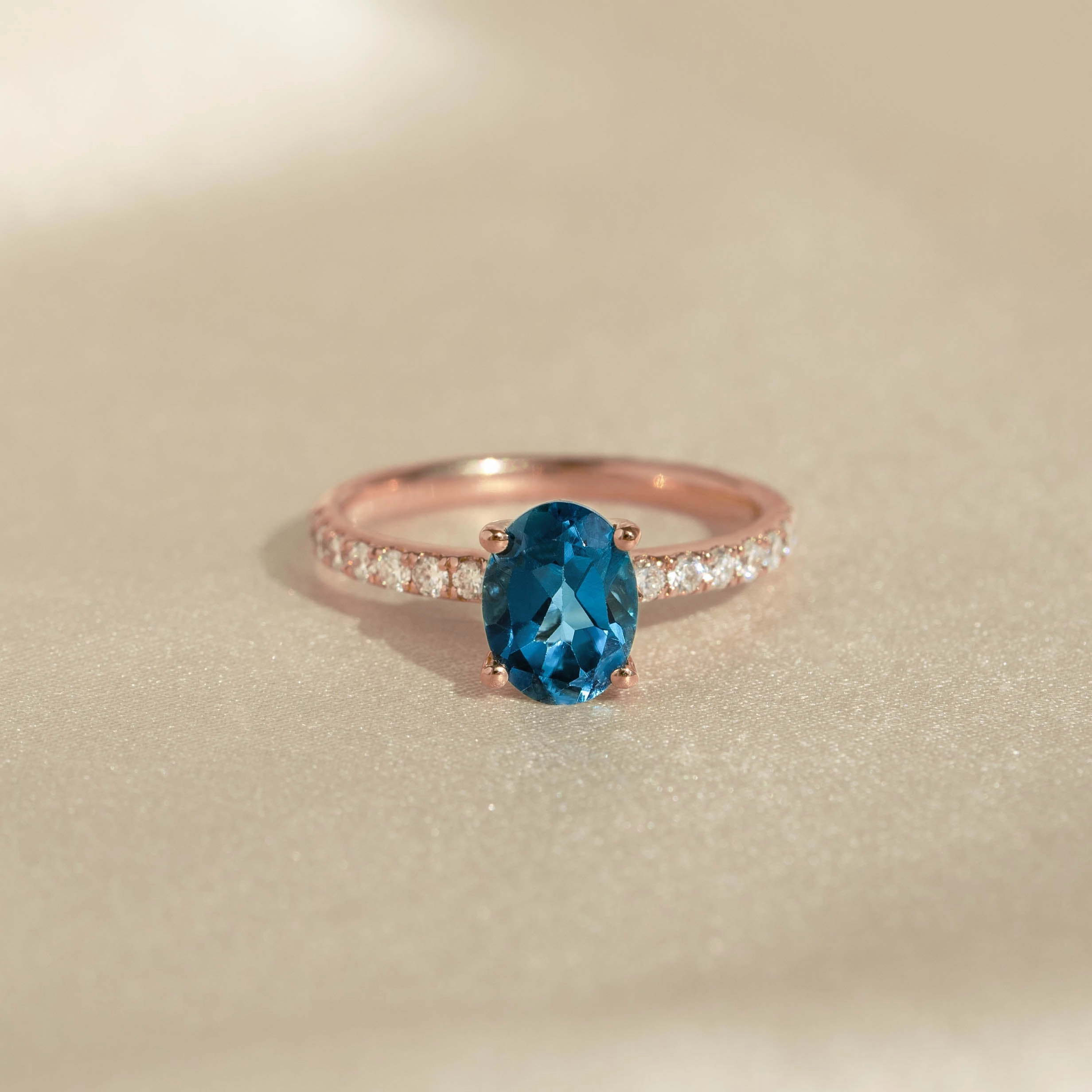 Oval London Blue Topaz and Diamond Ring Rose Gold - Minette Minimalist Touch