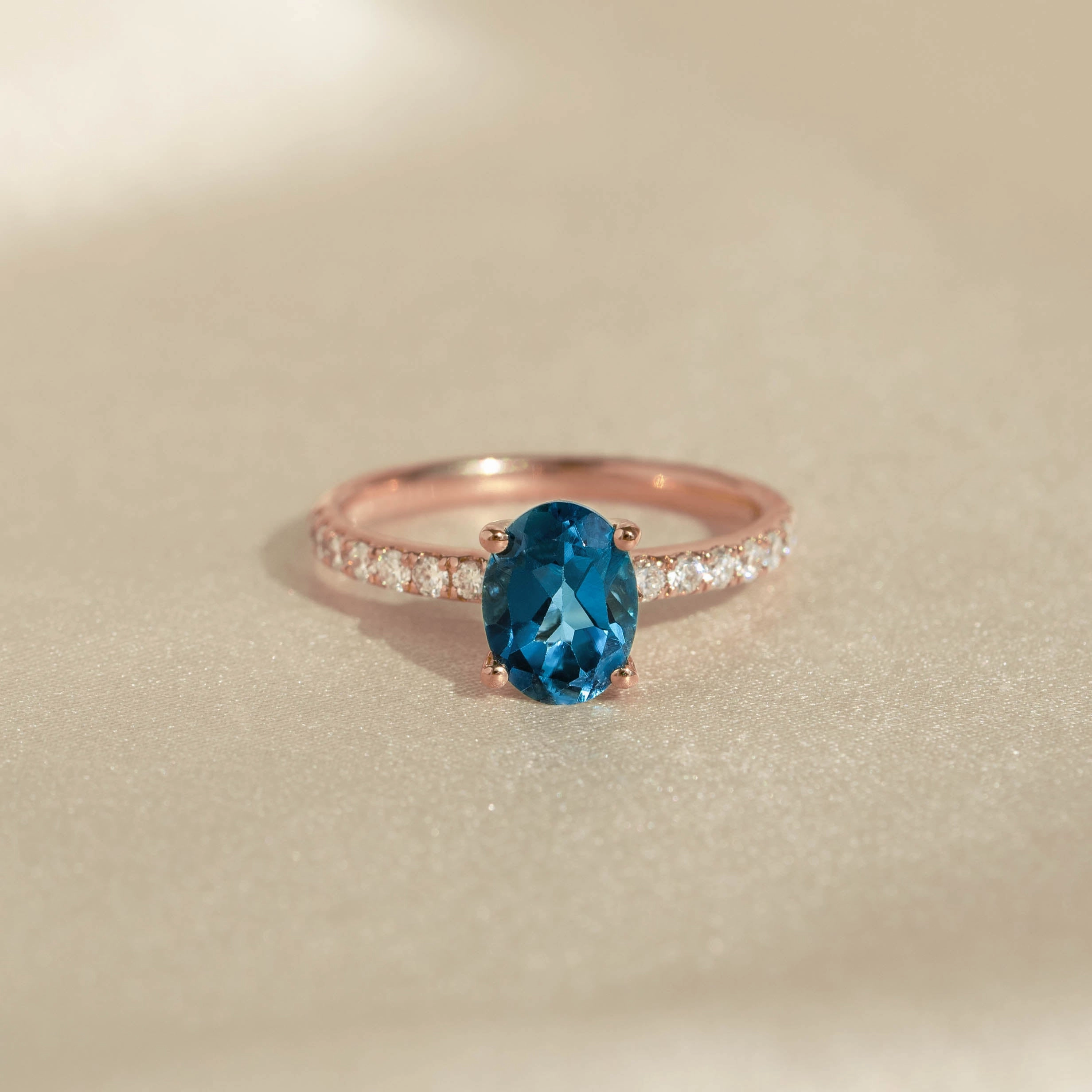 Oval London Blue Topaz and Diamond Ring Rose Gold - Minette Gift Ready Handcrafted Craft