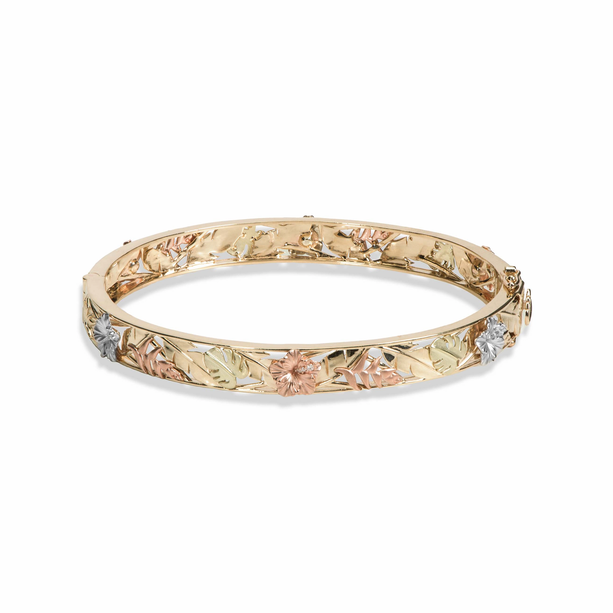 Perfect Fit Hawaiian Gardens Hibiscus Bracelet in Four Tone Gold with Diamonds - 8mm