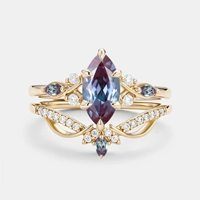 Crisp Accent Marquise Cut Lab Alexandrite & Moissanite Engagement Ring Sets 2pcs
