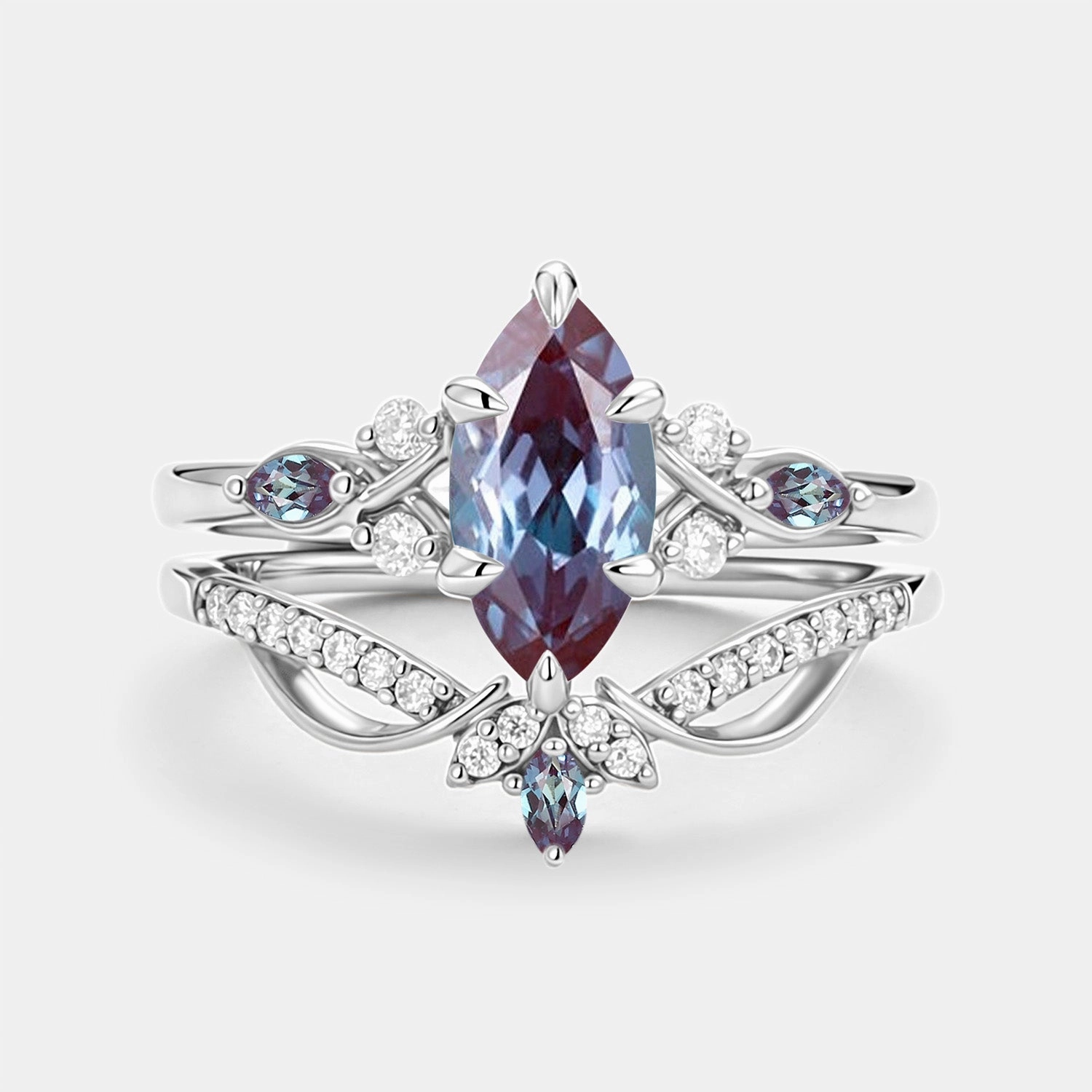 Marquise Cut Lab Alexandrite & Moissanite Engagement Ring Sets 2pcs Gift Feature Precious Piece