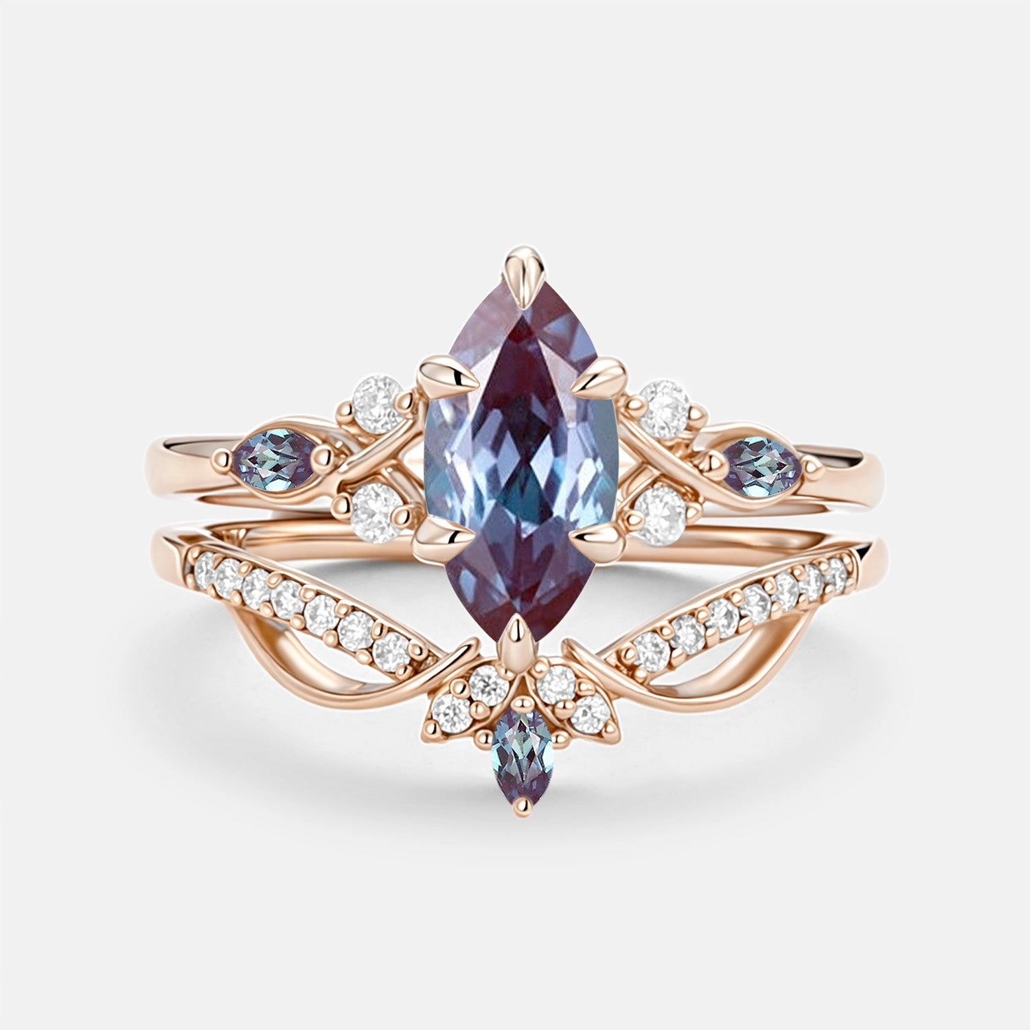 Power Look Fashion Moment Marquise Cut Lab Alexandrite & Moissanite Engagement Ring Sets 2pcs