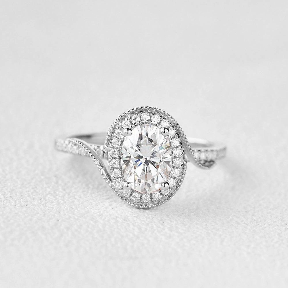 Contemporary Edge unique touch Twist Oval Moissanite Halo Inspired Ring