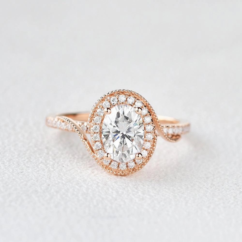 Gala Look Twist Oval Moissanite Halo Inspired Ring