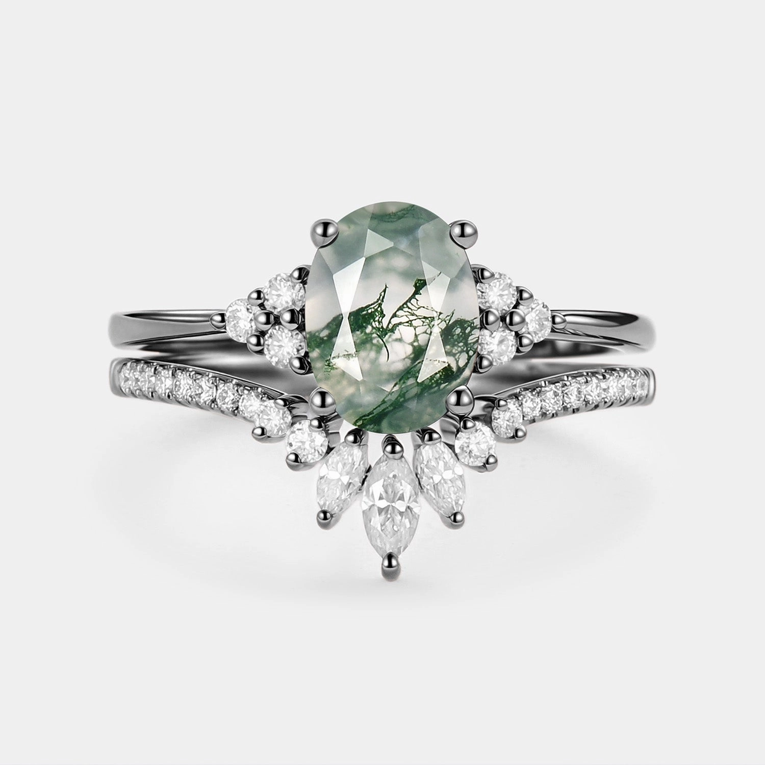 1.5ct Black Gold Oval Cut Moss Agate Classic Cluster Gold Ring Set 2pcs - Lydia Studio Light Weekend Look