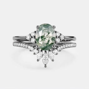 1.5ct Black Gold Oval Cut Moss Agate Classic Cluster Gold Ring Set 2pcs - Lydia Studio Light Weekend Look