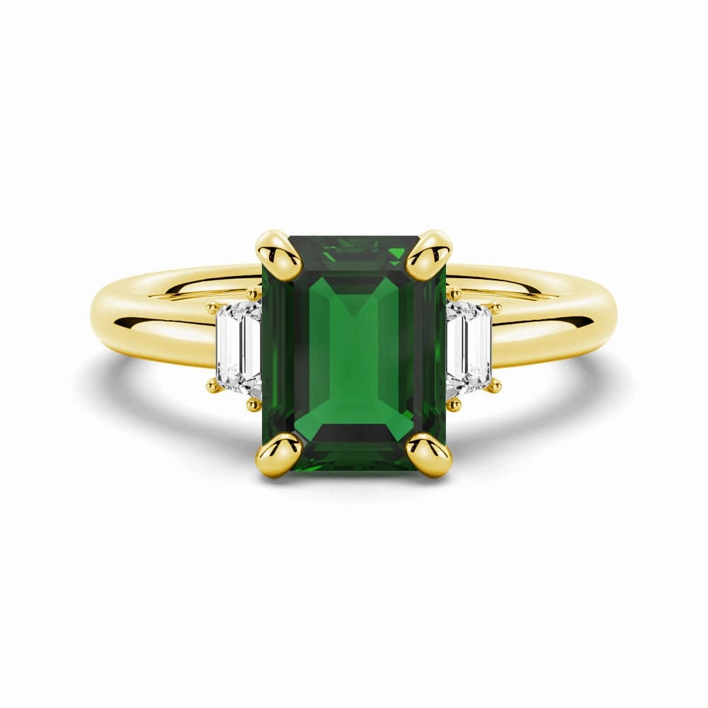 Trendy Texture Shining Accent Emerald Cut Emerald and White Sapphire Three Stone Ring