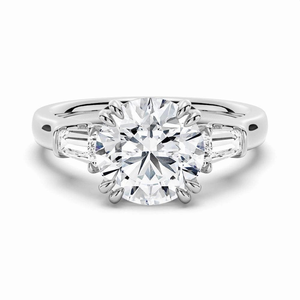 Round Cut Moissanite Engagement Ring with Tapered Baguette Side Stones Charming Glow