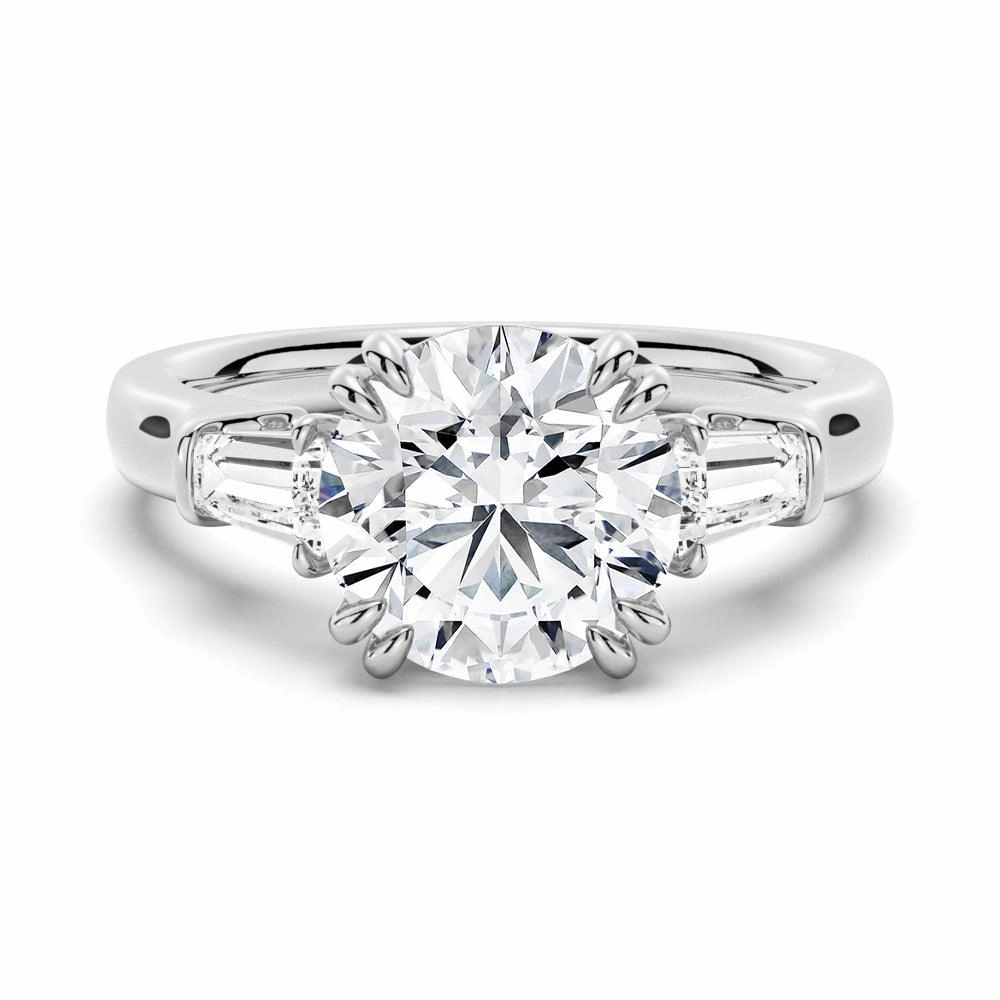 Classic Jewelry Round Cut Moissanite Engagement Ring with Tapered Baguette Side Stones
