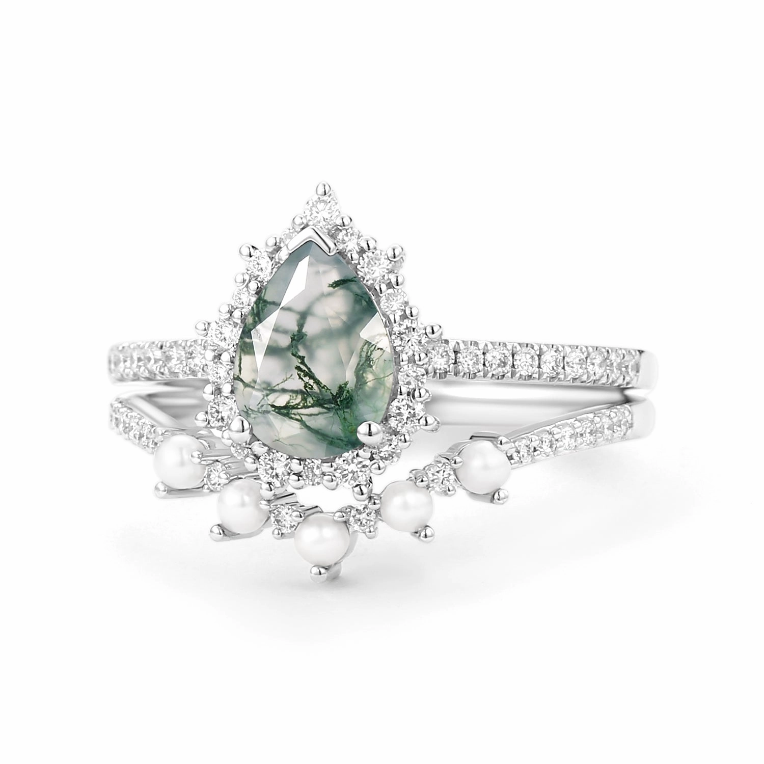 Halo Pear Shaped Moss Agate Pearl Ring Set 2pcs - Ophelia City Spark Evening Accessory