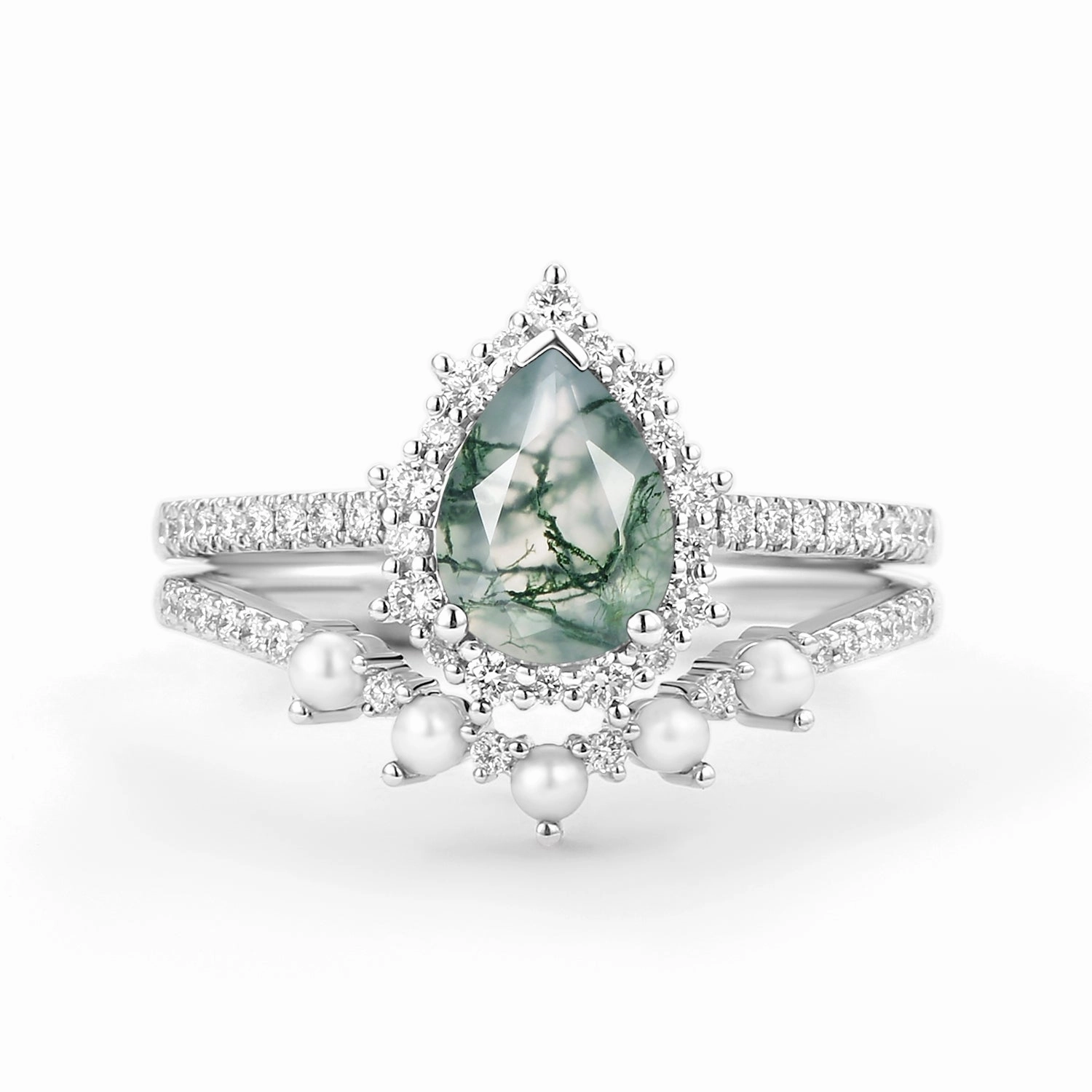 Halo Pear Shaped Moss Agate Pearl Ring Set 2pcs - Ophelia Romantic Gesture
