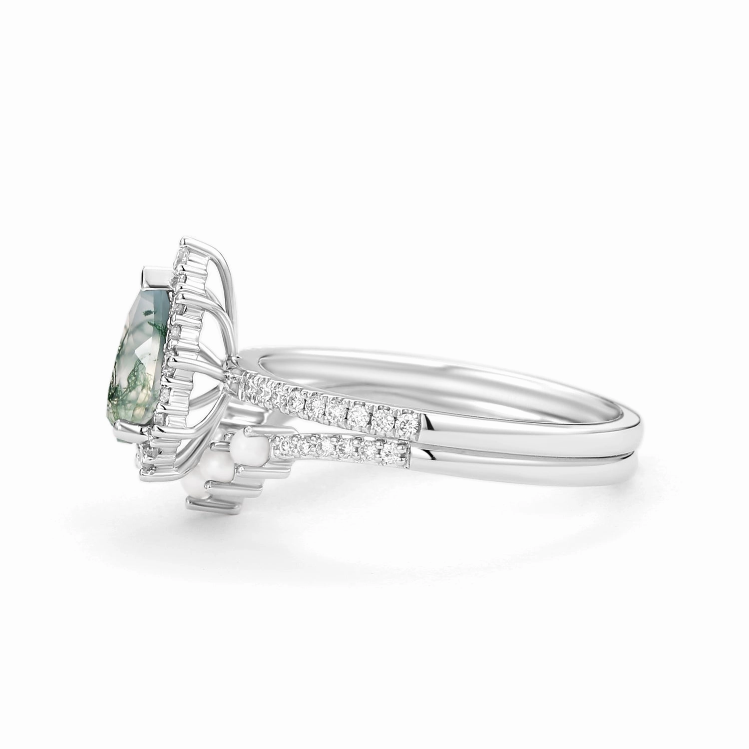 Chic Touch Halo Pear Shaped Moss Agate Pearl Ring Set 2pcs - Ophelia
