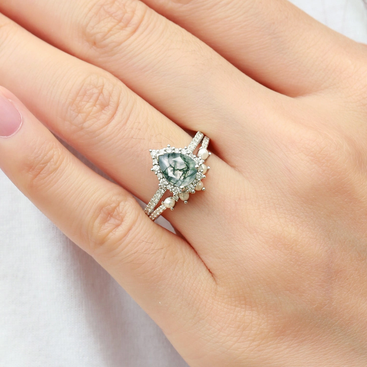 Vibrant Touch Pieces Versatile Look Halo Pear Shaped Moss Agate Pearl Ring Set 2pcs - Ophelia