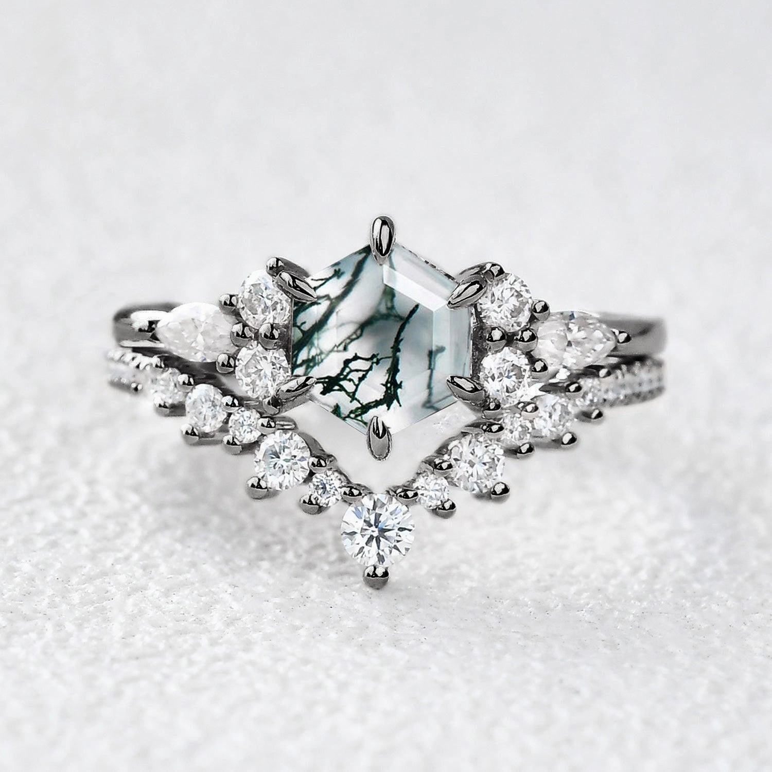 Black Gold Perfect Hexagon Cut Moss Agate Engagement Ring Set 2pcs Outdoor Look Environmentally Safe