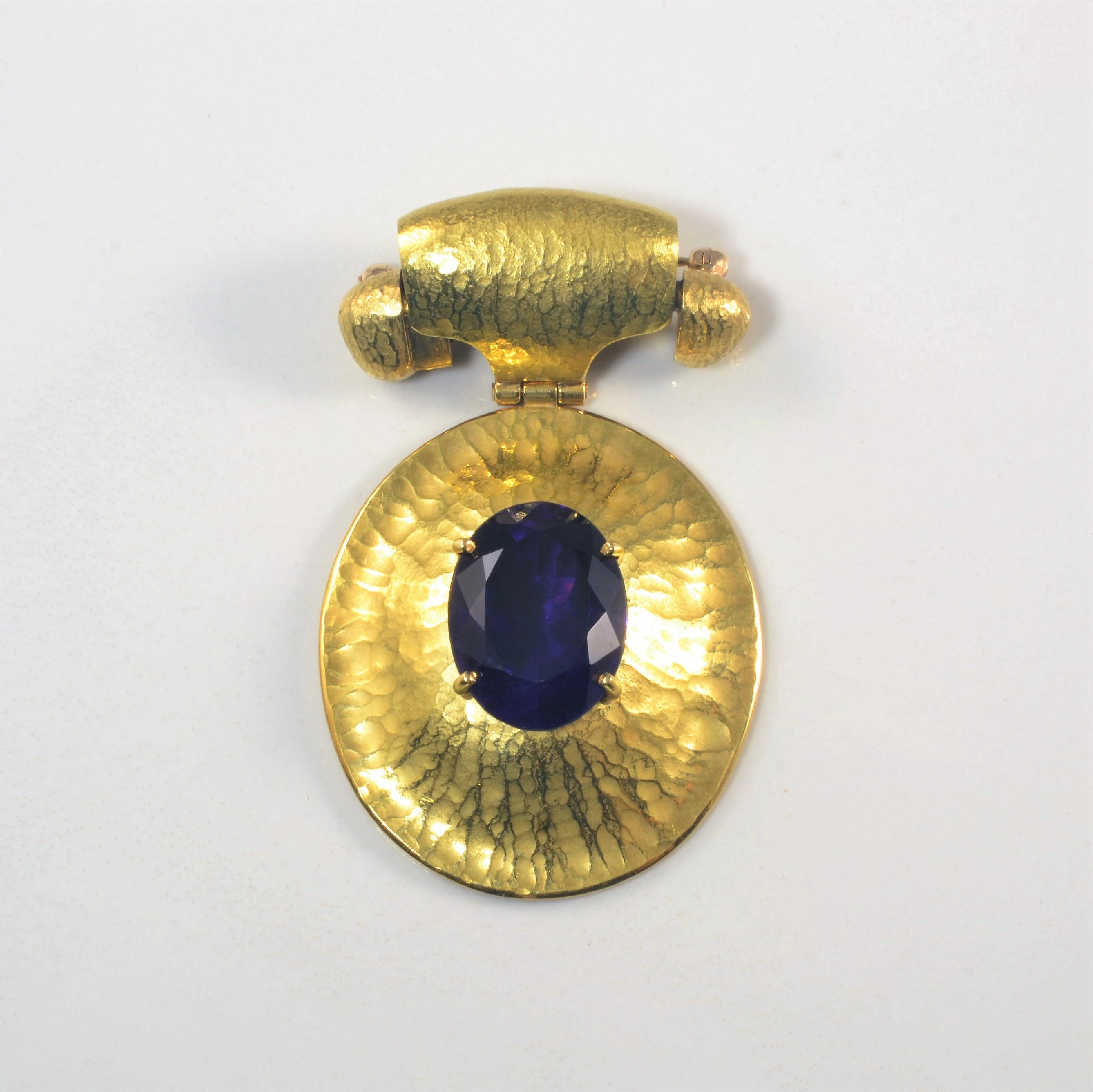 Handcrafted Pieces Golden Hour Solitaire Amethyst Gold Pendant/Brooch | 8.35ct |