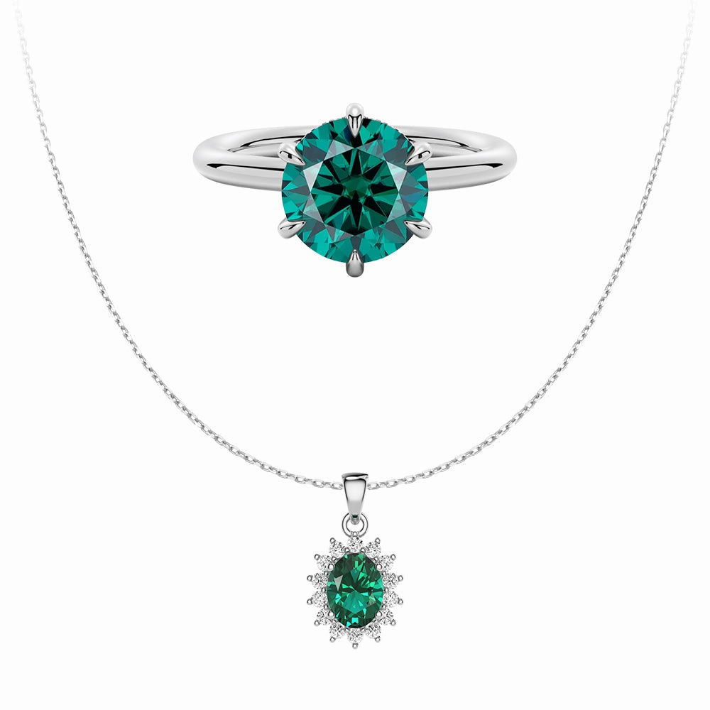 Solitaire Green Ring And  Emerald Pendant Set Shimmer Detail Creative Accent