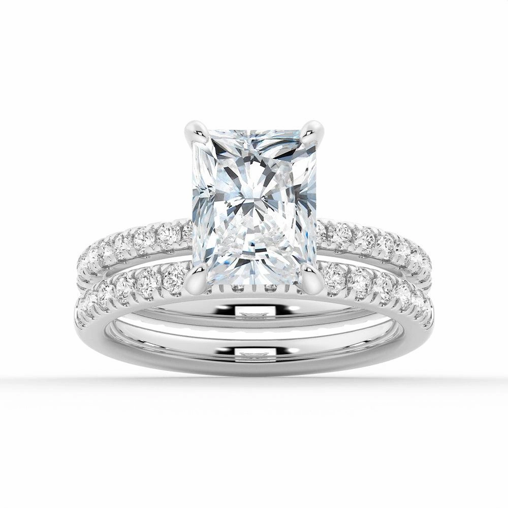 Artful Feature Solitaire Radiant Cut Moissanite Ring Set with Matching Wedding Band