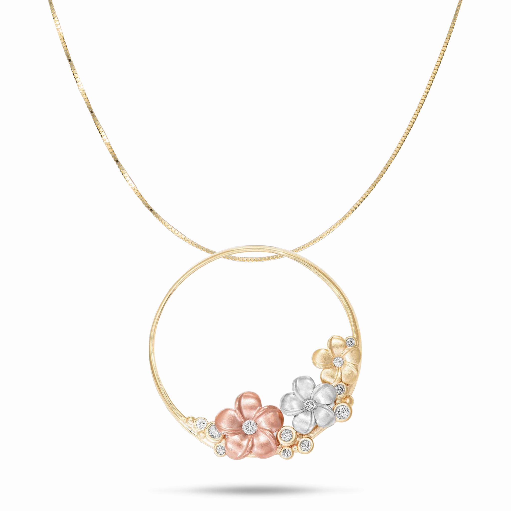 Shiny Details Dazzling Feature Plumeria Necklace in Tri Color Gold with Diamonds - 22mm