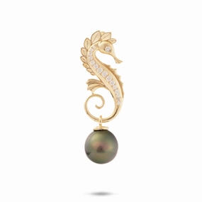 Chic Glam Ocean Dance Seahorse Tahitian Black Pearl Pendant in Gold with Diamonds - 9-10mm