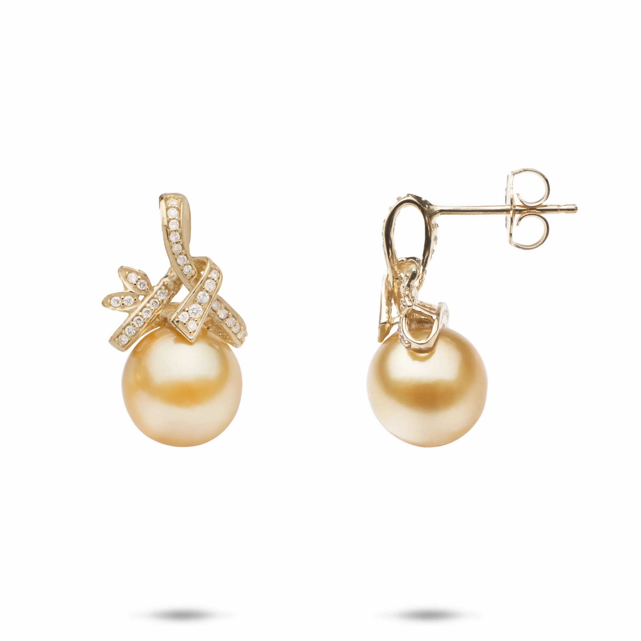 South Sea Gold Pearl Earrings in Gold with Diamonds - 9-10mm Distinct Accent Evening Appeal